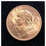 1927 Switzerland 20 Francs Gold Coin, 90% Gold, 6.452g Total Weight 