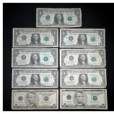 US Star Note Bills, Including $5 Series 1999, Qty 2, And 2003 $1 Star Notes, Qty 7
