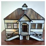 Forma Vitrum 1993 "VitreVille" Maplewood Elementary Stained Glass Lighted School House, 8" x 9" x 7"