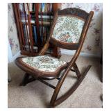 Antique Roseback Folding Rocking Chair, 28" x 17" x 29", With Tapestry Seat And Back 