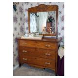 Antique Oak Dresser With 3 Drawers, 32" x 42" x 20", Includes Attached Mirror, Attached Mirror