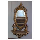 Framed Mirror 30" x 15" With Shelf And Ceramic 9" Angel Statuettes 