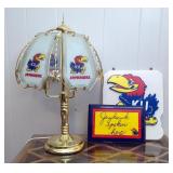 Metal And Glass Paneled KU Jayhawks Table Lamp 23" Tall Powers On, Jayhawks Hanging Sign 14" x 12", 