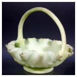 Fenton Satin Art Glass Basket, Has Artist Stamps, 8"L x 8"W x 8"H