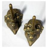 Cast Brass Long-Nosed Mischievous Face Coat Hooks Qty 2