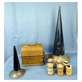 Antique Edison Standard Cylinder Winding Phonograph, Including Brass Bell Horns, Qty 2, And Wax Cyli