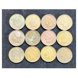 US Indian Head Pennies, Qty 12, Dates Range 1891 - 1906