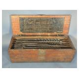 Russell Jennings Spur Auger Bits, Qty 14, In Antique 3 Tier Case, Antique Bed Key, 17" x 14", And Ha