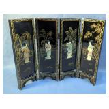 Chinese Inlaid Soapstone Miniature Four Panel Lacquered Wood Screen With Geisha Figures