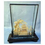 Chinese Hand Carved Cork Sculpture With Cranes And Pagoda In Case, 11" x 12" x 3.5", And Fabric And 