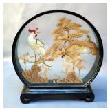 Chinese Cork Art In Lacker Glass Display Case And Bamboo And Fabric Hand Painted Folding Fans, Qty 4