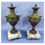 Spelter And Marble Urn Statues With Music Motif, Qty 2, 13.5" x 5"