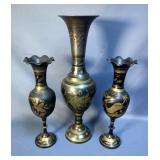 Engraved Brass Vases, Qty 3, 14" & 19" Tall
