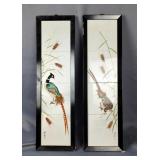 Hand Painted Asian Peacock And Pheasant Framed Painted Tile Art, Qty 2, Signed By Artist, 25" x 7.5"