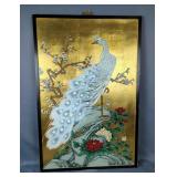 Hand Painted Asian Styled Wall Panel With White Peacock And Cherry Blossom Tree, 36" x 24"