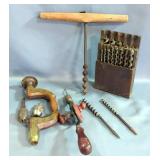 Various Hand Drill And Drill Bits, Includes W.G. Reaves & Sons Brass Plated Bit Brace, Seized Crafts