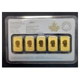 2016 Royal Canadian Mint $25 Gold Bars, Each 1/10 oz .9999 Fine Gold, Qty 5