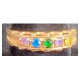 10K Gold Ring With Stones Believed To Be Sapphire, Jadeite, And Topaz, Size 7-3/4