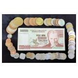 100,000 Turk Lirasi Turkey Bank Note And Foreign Coin Collection Including Coins From Russia, Great 