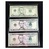U.S. 5$ Star Notes, Qty 3, Series Include 2003-A, 2013 , & 2017-A