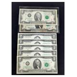 U.S. $2 Star Notes, Qty 2, Series Include 1976 &1995, And 1976 U.S. $2 Bills, Qty 5