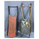 Hand-Painted Wood Sled With Calla Lillies, 39" x 11", And Red Metal Framed Sled, 35" x 14"