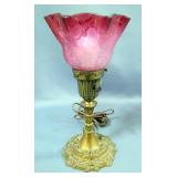 Metal Table Lamp With Cranberry Floral Shade, 12" Tall, Powers On