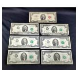 1953 US Red Seal $2 Bank Note And $2 Federal Reserve Notes, Qty 6