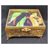 Footed Jewelry Box With Glass Lid Including Ladies Pendants, Qty 17, Scarves With Pendants, Qty 3, A