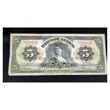 1963 Mexico 5 Pesos Bank Note, 1968 25 Pesos Coin, 1 Pesos Coins, Qty 6, 20 Centavos Coins, Qty 8, A