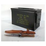 Metal Ammo Can, Approx 7" x 12" x 5.5", And Alfred Williams Fixed Blade Knife, 5" Blade, In Leather 