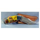 Custom Damascus Fixed Blade Karambit Knife, Approx 4.5" Blade, In Tooled Leather Sheath