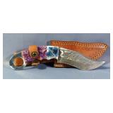 Custom Damascus Fixed Blade Karambit Knife, Approx 4.5" Blade, In Tooled Leather Sheath