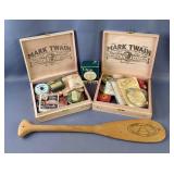 Mark Twain Cigar Boxes, Qty 2, Both Contain Various Fishing Supplies, With Orvis Fisherman