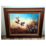 Quail In Flight Painting On Canvas, Matted And Framed, 26" x 32"