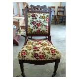 Upholstered Chair With Floral Needlework And Front Leg Casters, 35” x 20” x 20”