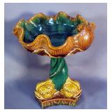 Pottery Compote With Serpent Theme, Believed To Be Majolica, 12.5" x 9.75"