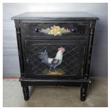Hand Crafted Wood Single Drawer End Table With Lower Cabinet, Rooster Motif, 29" x 23.5" x 17.5"