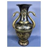 Brass Amphora Hand Painted With Swan Head Handles, 16" Tall