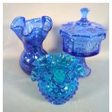 Fenton Pressed Glass, 4" Vase With Ruffled Edge, Lidded Compote, 7.5" Tall And Hand Blown Vase, 7"