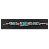 Turquoise, Red Coral, And Lapis Lazuli Gemstone Bracelet, Tibetan Silver, 7.5"