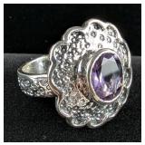 Sterling Silver And Amethyst Designer Ring, Size 8