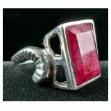 Faceted Natural Ruby Ring, 925 Silver, Size 8
