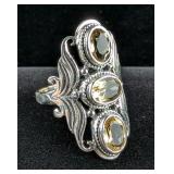 Multi-Faceted Three Stone Citrine Gemstone Ring, 925 Silver, Size 9