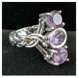 Multi-Faceted Three Stone Amethyst Gemstone Ring, 925 Silver, Size 7