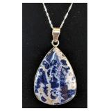 Natural Sodalite Cabochon Pendant, 925 Silver Mounting And 20" Sterling Silver Chain