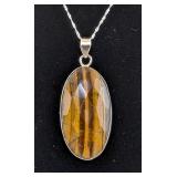 Natural Tiger Eye Cabochon Pendant, 925 Silver Mounting And 20" Sterling Silver Chain