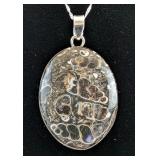 Natural Turtella Fossil Cabochon Pendant, 925 Silver Mounting And 20" Sterling Silver Chain