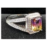 Multifaceted Emerald Cut Ametrine And CZ Ring - 925 Silver - Size 8