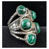 Five Hammered Band, Five Stone Polished Oval Malachite Cabochon Ring, 925 Silver, Size 10